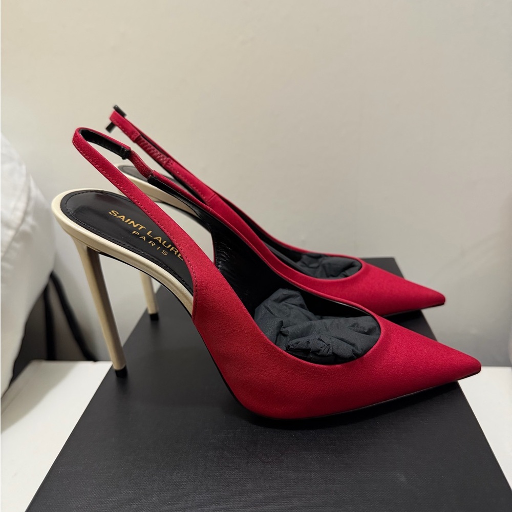 Saint Laurent Red and Cream Slingback Heels